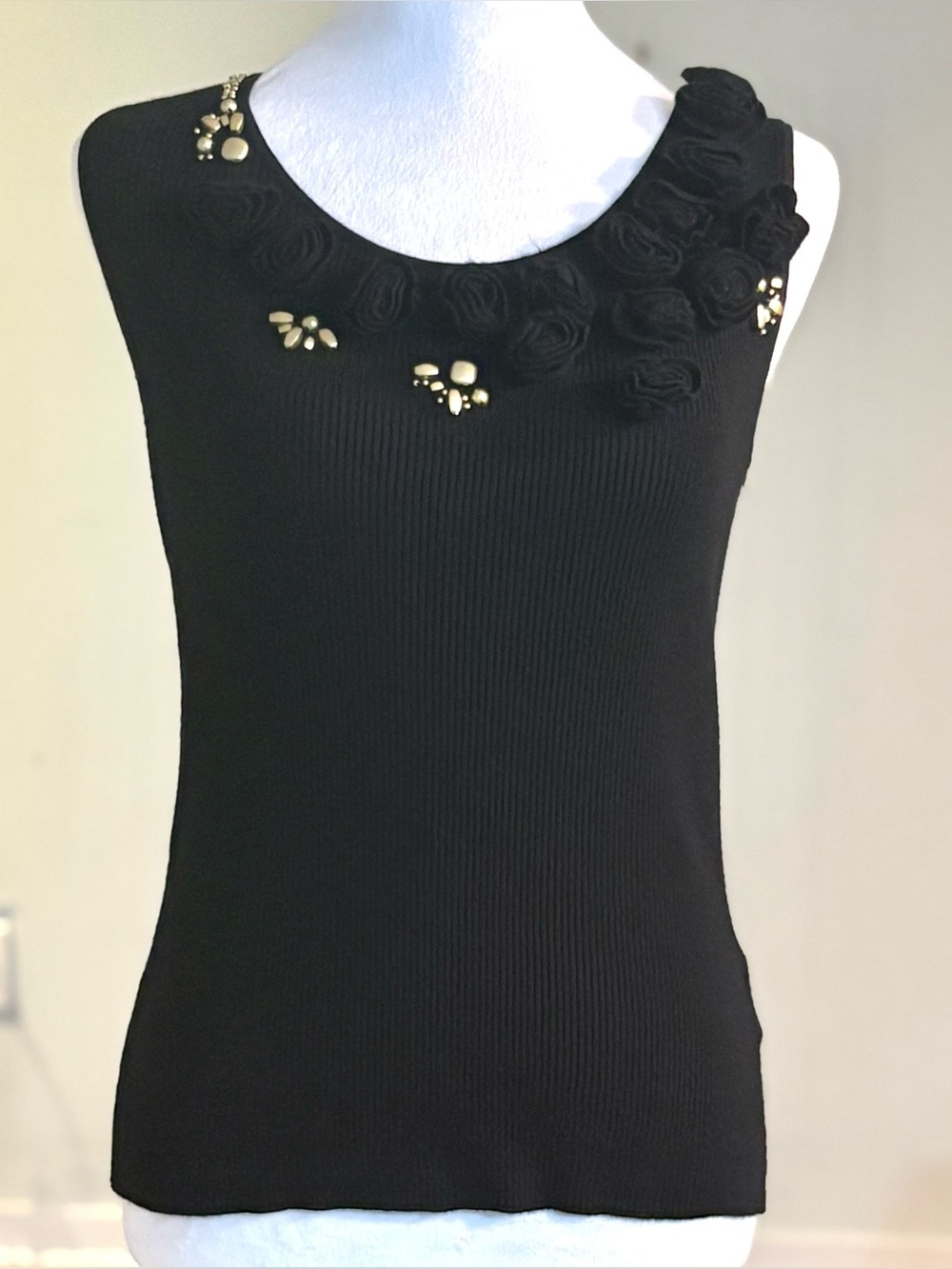 Ruby Rd Embellished Knit Tank, Black with Floral and Gold Accents, Large Petite